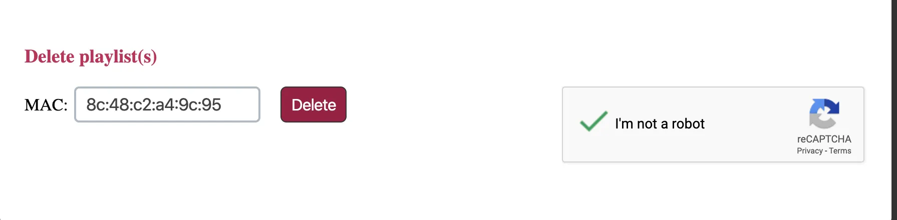 SIPTV portal Delete playlist form with the MAC address field, captcha, and Delete button