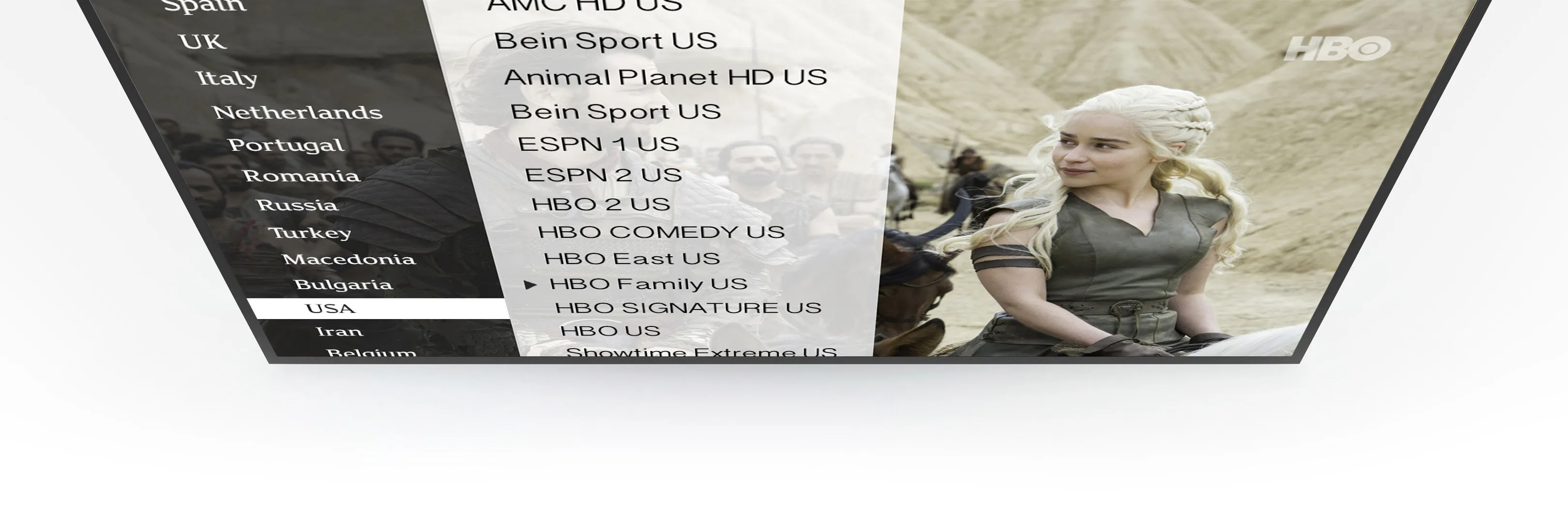 XtreamTV IPTV channel list on an Enigma2 receiver showing country categories and live channels