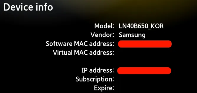 Smart STB Device Info screen showing the Model, Software MAC address, Virtual MAC address, and IP address on a Samsung TV