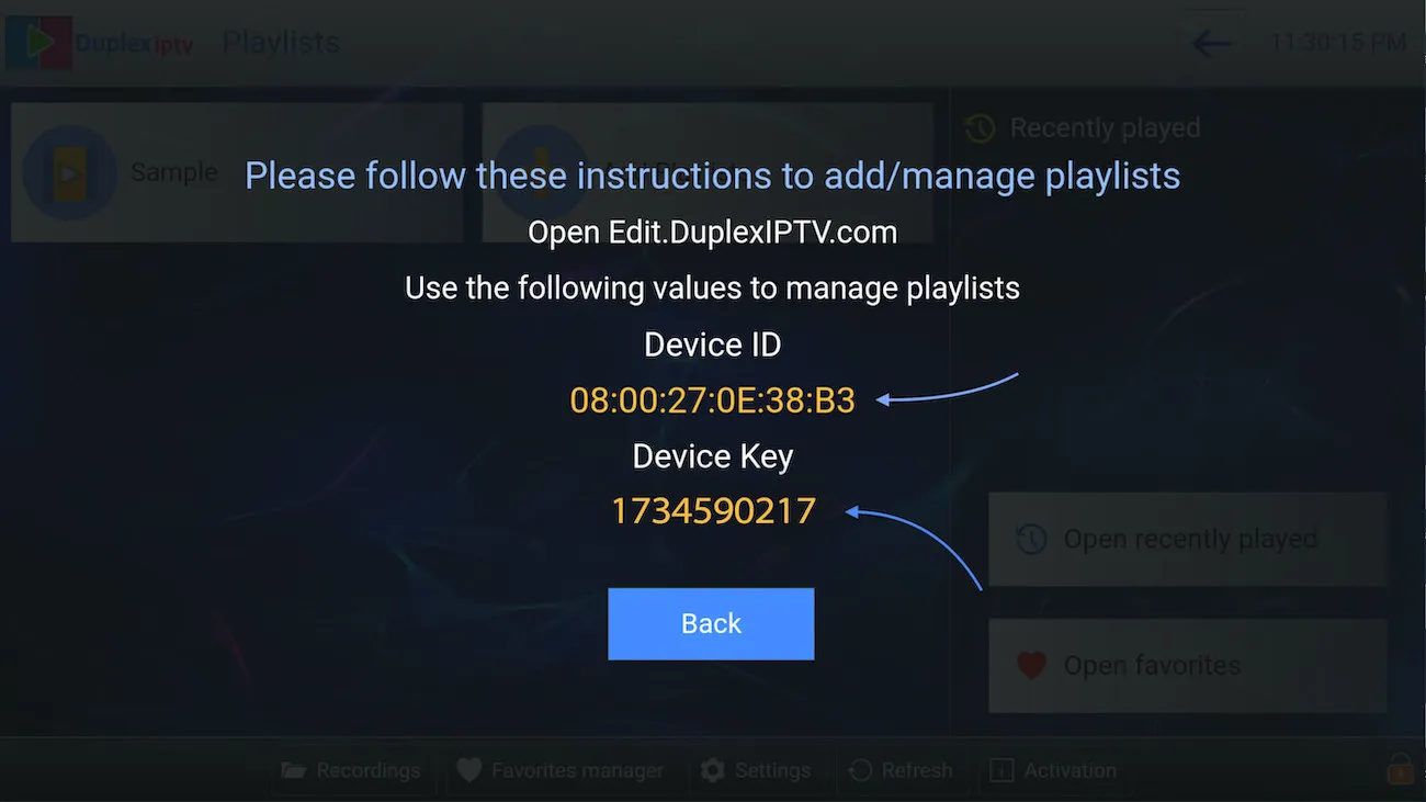 Duplex IPTV app showing the Device ID and Device Key for portal activation