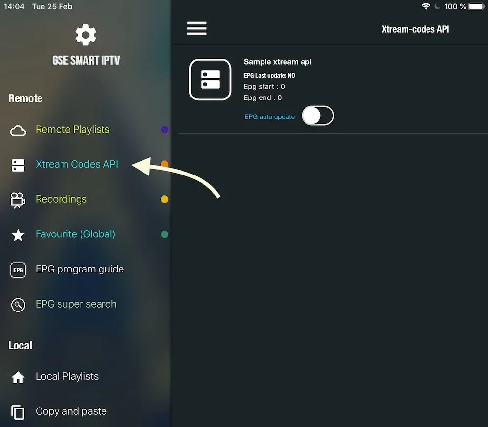 GSE Smart IPTV side menu with the Xtream Codes API option highlighted