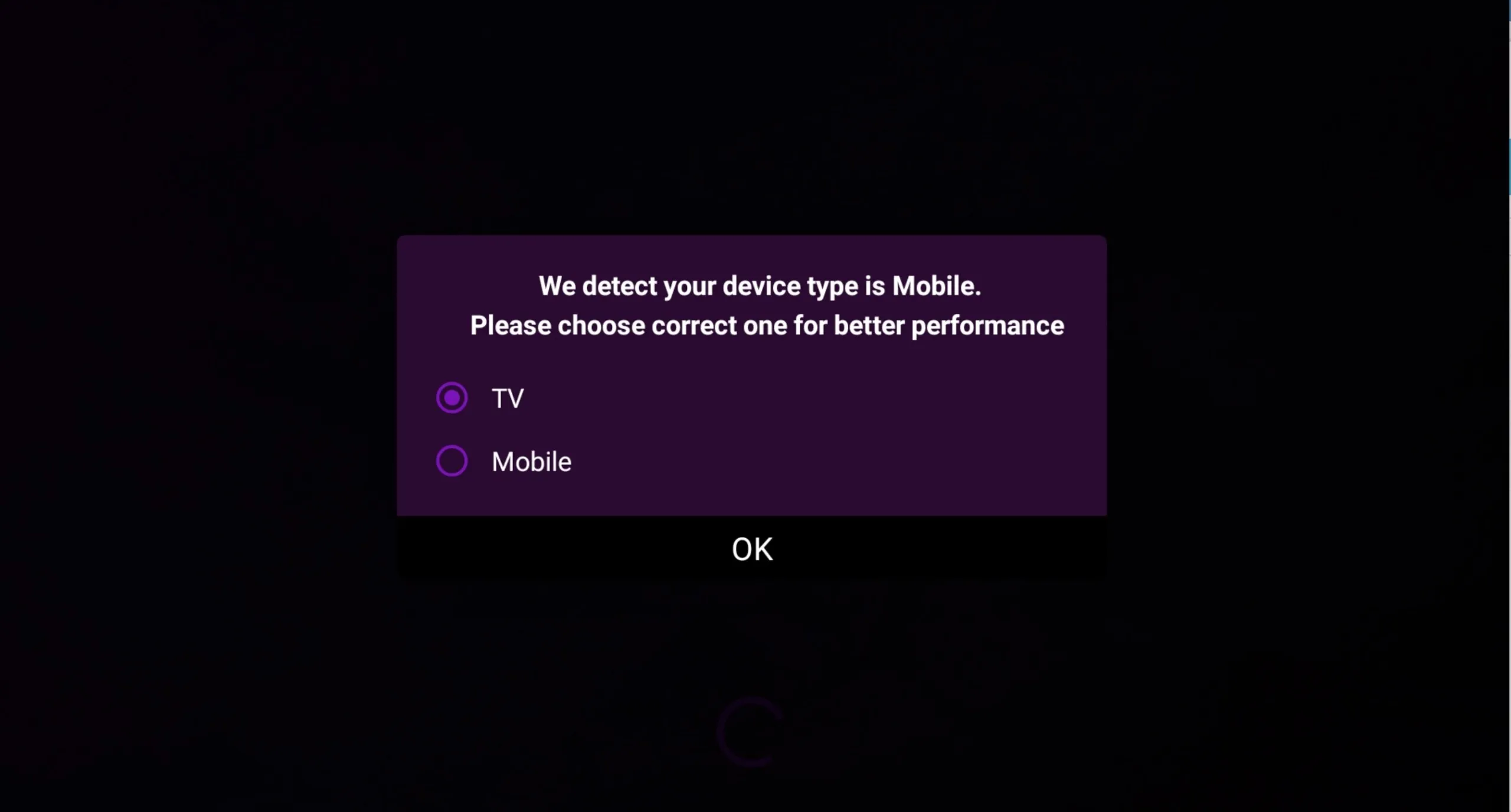 IPTV Smart Purple Player device type prompt with TV and Mobile display mode options