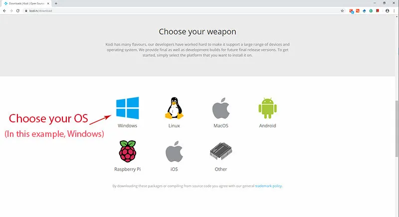 Kodi download page choose your operating system Windows Linux macOS Android