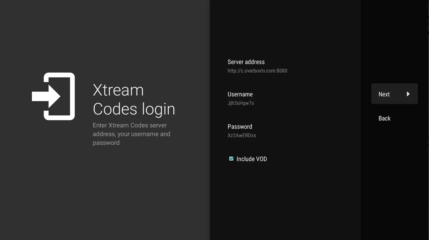 Xtream Codes login screen with fields for server address, username, and password
