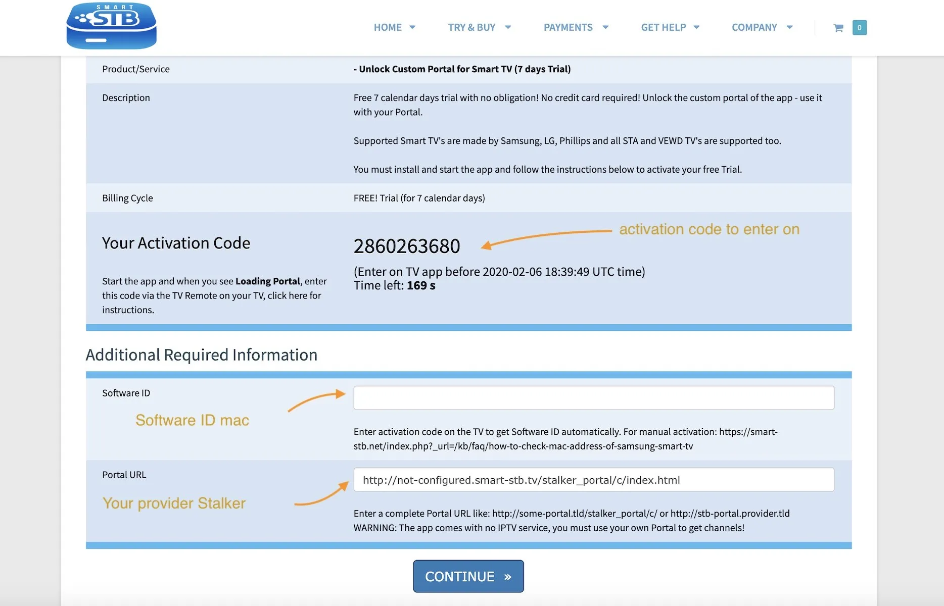 Smart STB website trial order page with the activation code, Software ID MAC field, and provider Stalker portal URL