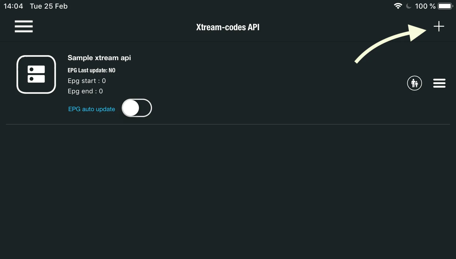 Xtream-codes API screen with the plus icon to add a new list