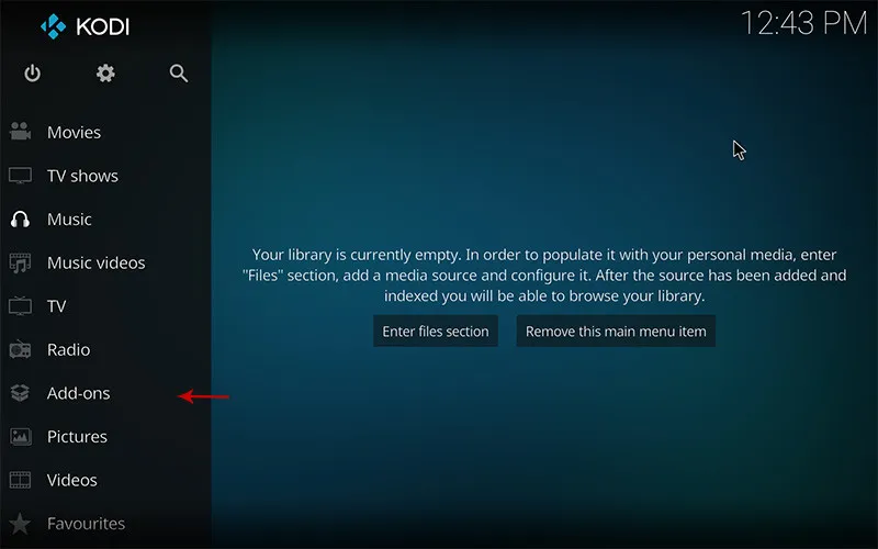 Kodi home screen with the Add-ons menu item highlighted