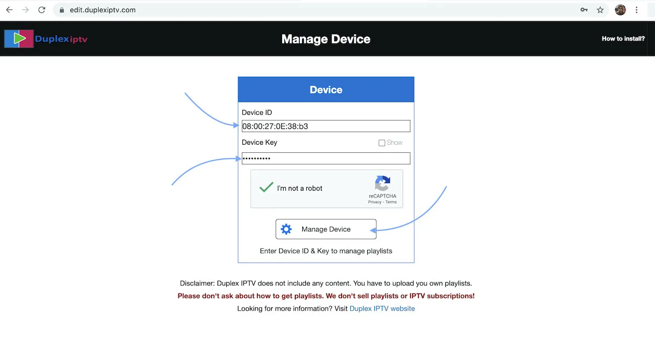Duplex IPTV Manage Device web portal login with Device ID and Device Key fields