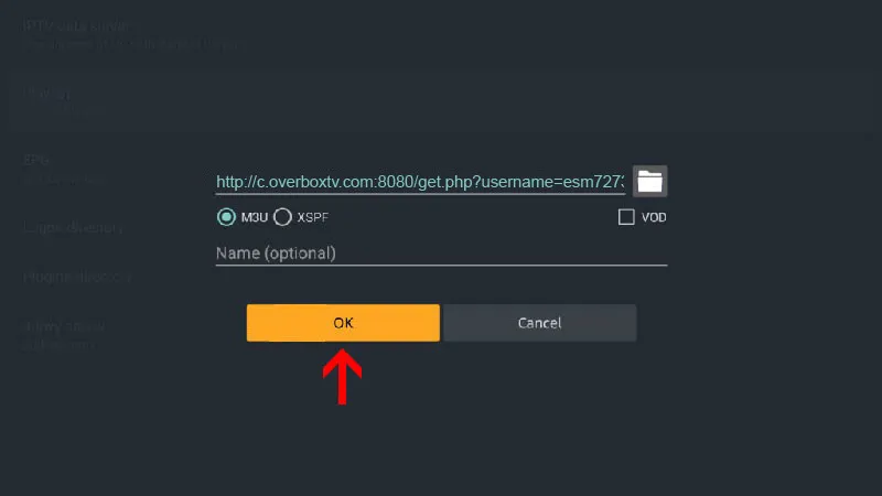 Perfect Player playlist dialog with the M3U URL entered and the OK button