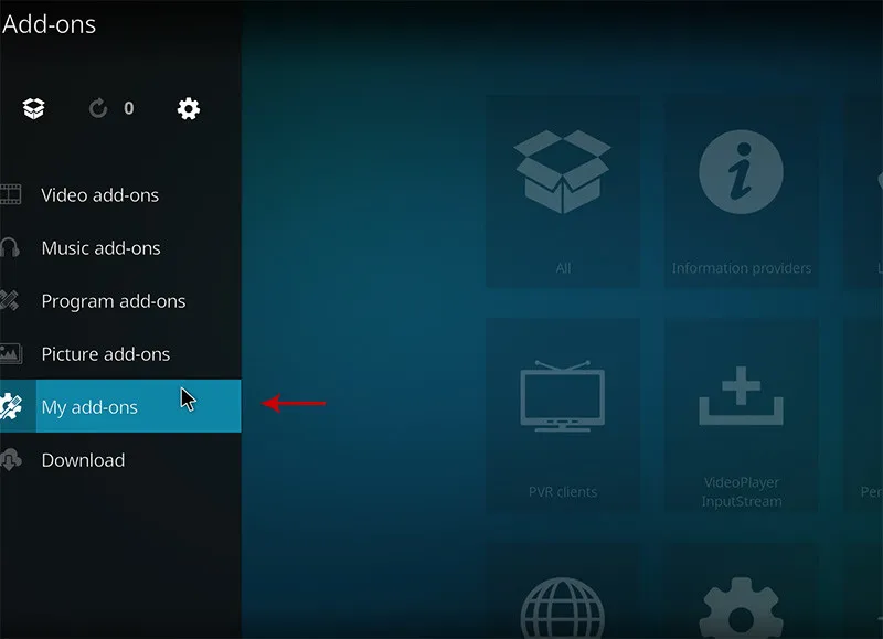 Kodi Add-ons screen selecting My add-ons in the side menu