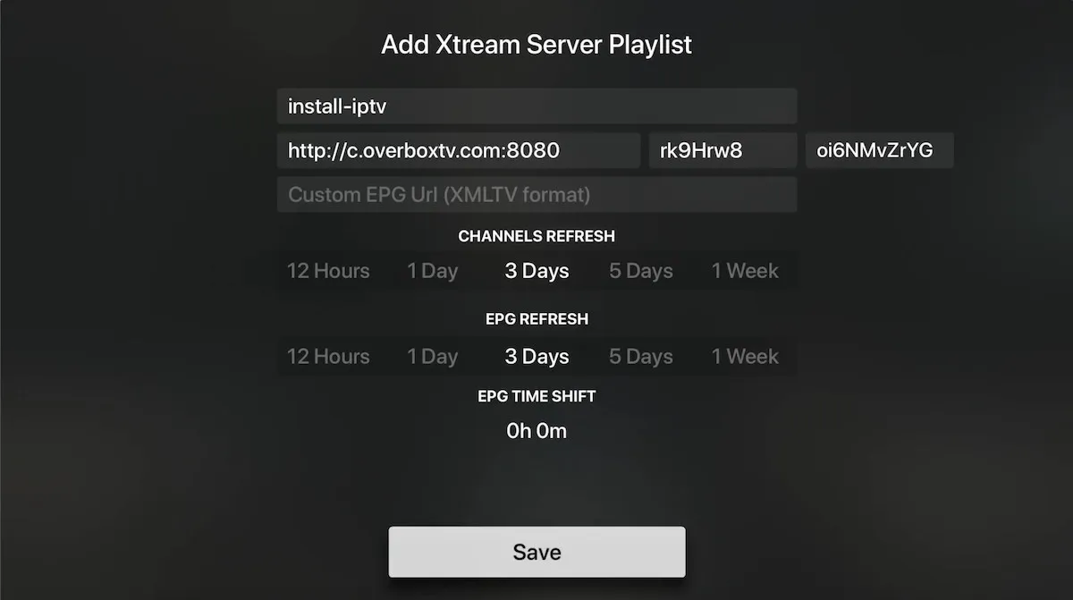 iPlayTV Add Xtream Server Playlist form with server URL, username, password, and channel and EPG refresh settings