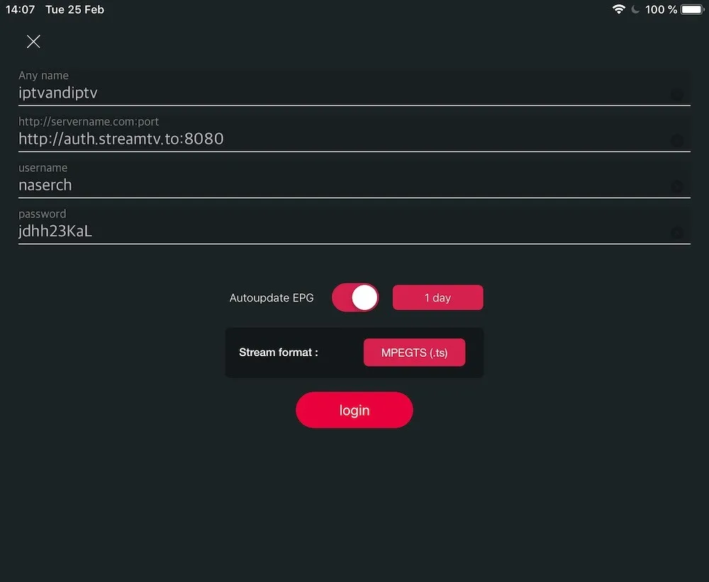 GSE Smart IPTV Xtream Codes form with server, username, password and Autoupdate EPG enabled