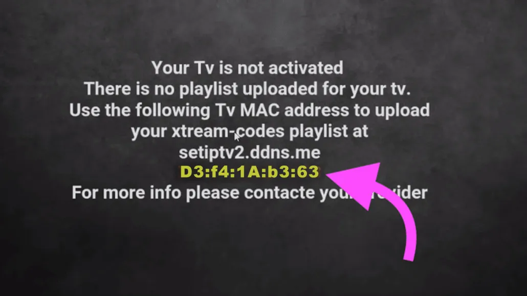 SET IPTV activation screen showing the TV MAC address to upload your playlist