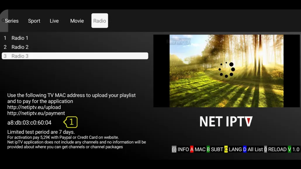 Net IPTV app information screen showing the device MAC address