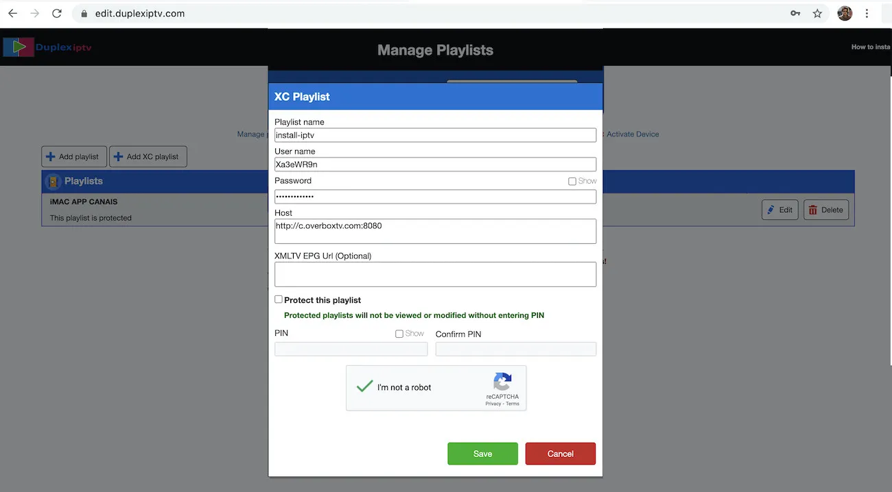 Duplex IPTV portal XC playlist form with Xtream username, password and host fields