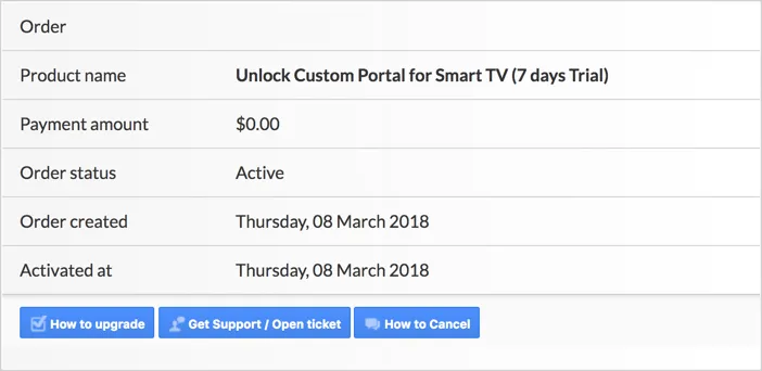 Smart STB order summary page showing the 7-day trial with a $0.00 payment amount and Order status set to Active
