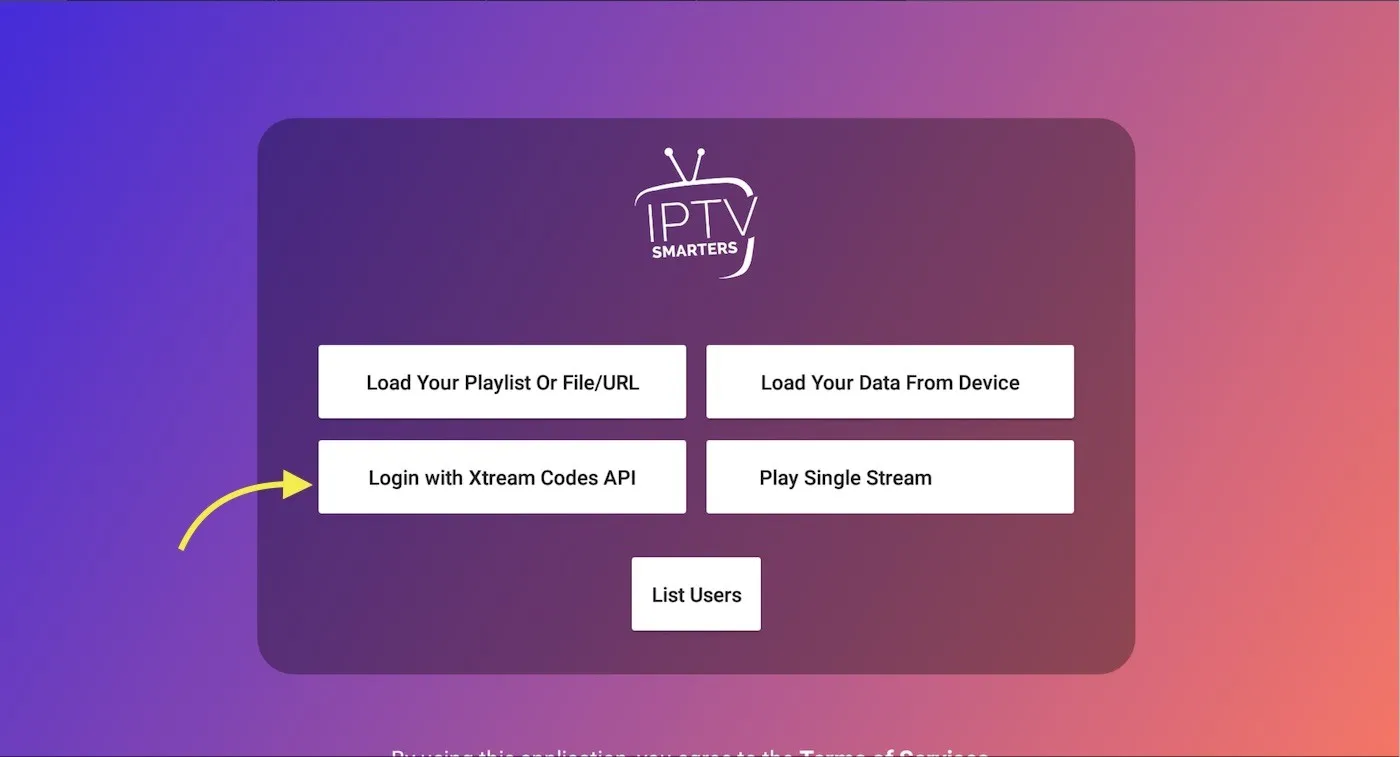 IPTV Smarters Pro login type screen with Login with Xtream Codes API option highlighted