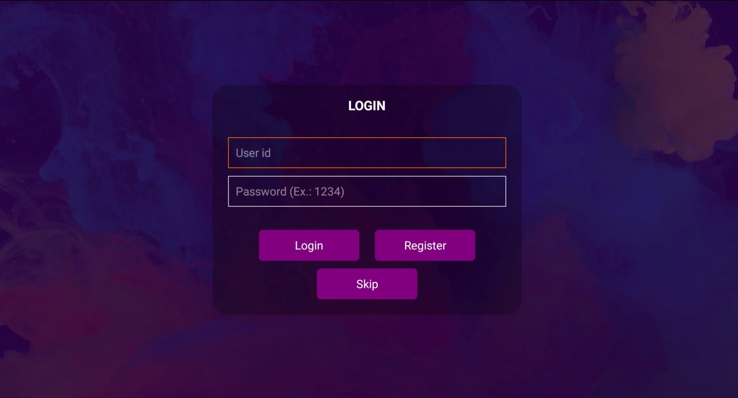 IPTV Smart Purple Player login screen with User id, Password, Register and Skip options