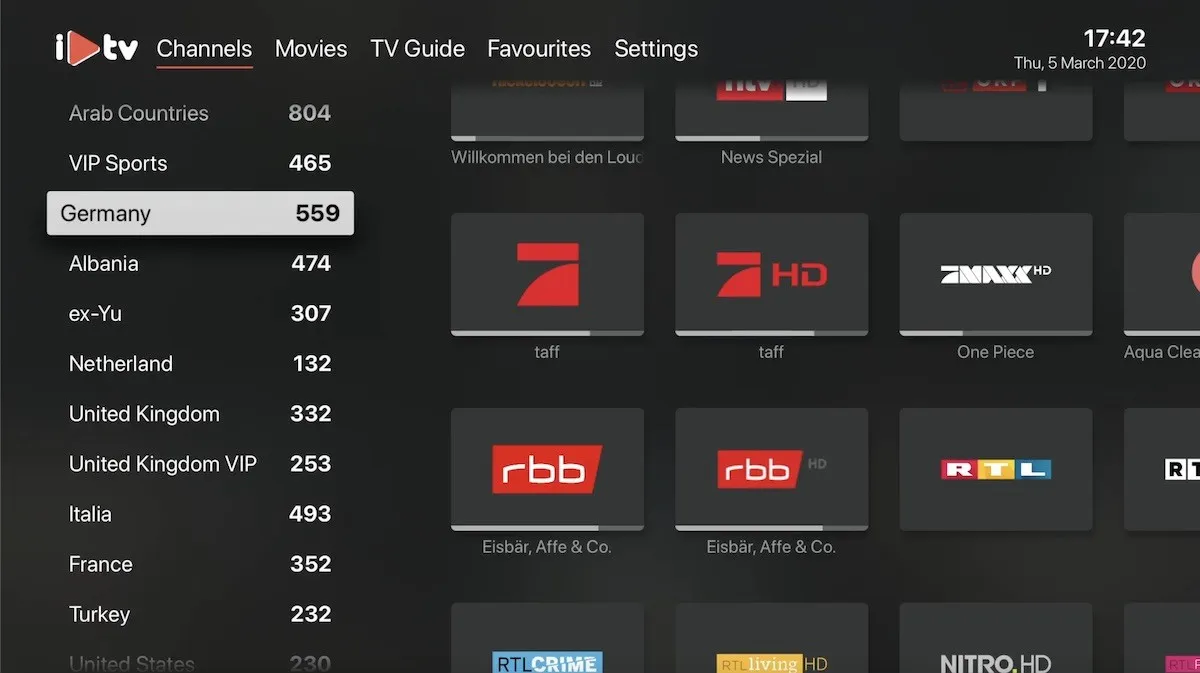 iPlayTV channel grid on Apple TV showing country categories and live TV channels after the playlist loads