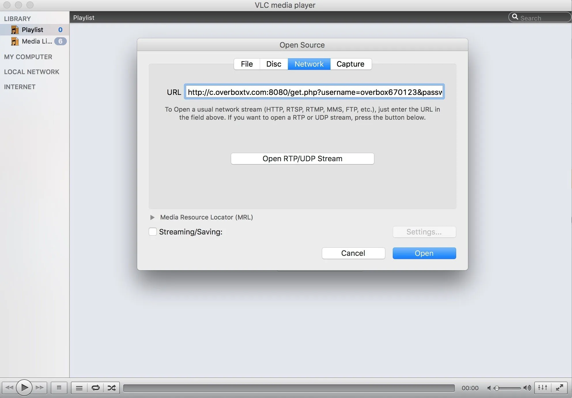 VLC Open Source dialog on the Network tab with the M3U link pasted into the URL field
