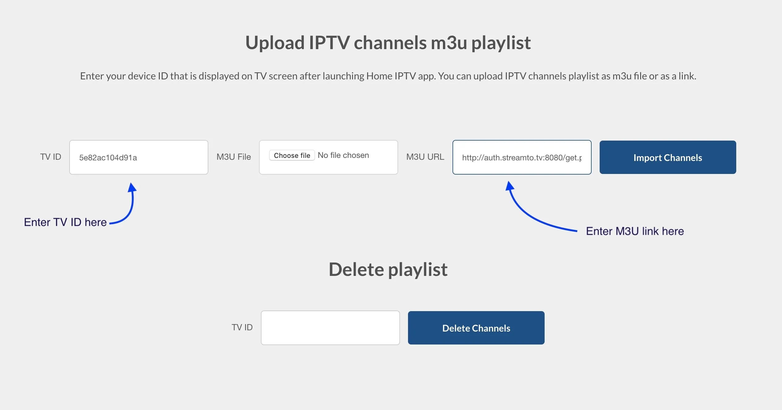 Home IPTV upload portal with the TV ID and M3U URL fields filled in next to the Import Channels button