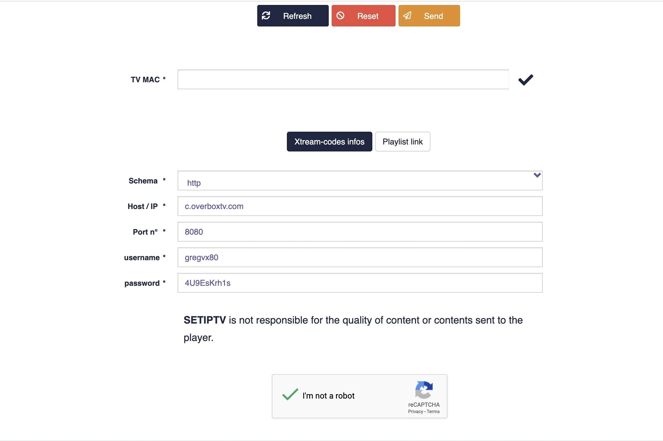 SET-IPTV-Portal mit Eingabefeldern für TV MAC, Xtream-Codes-Daten, Captcha und Send-Button