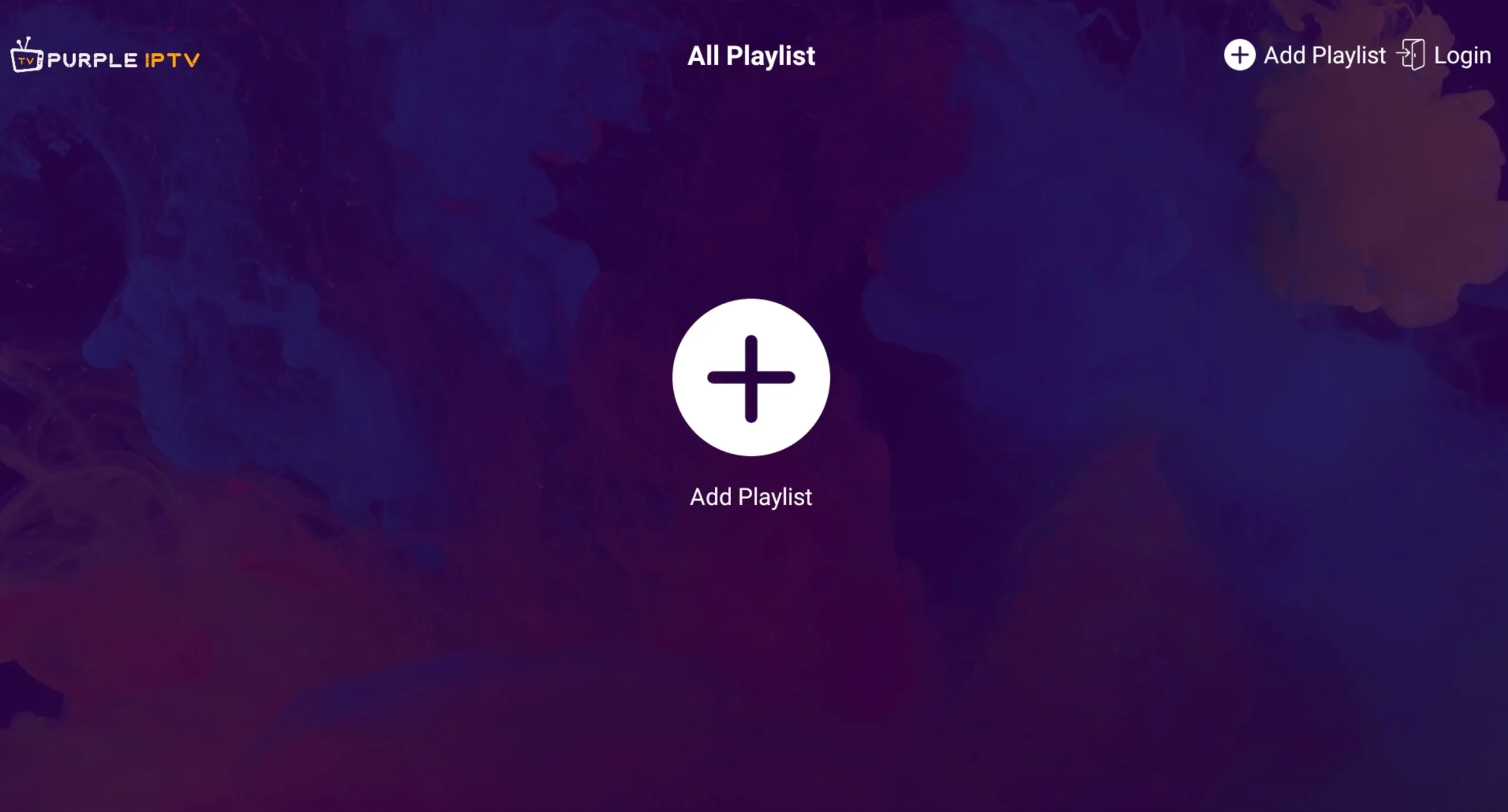 IPTV Smart Purple Player All Playlist screen with the Add Playlist plus button