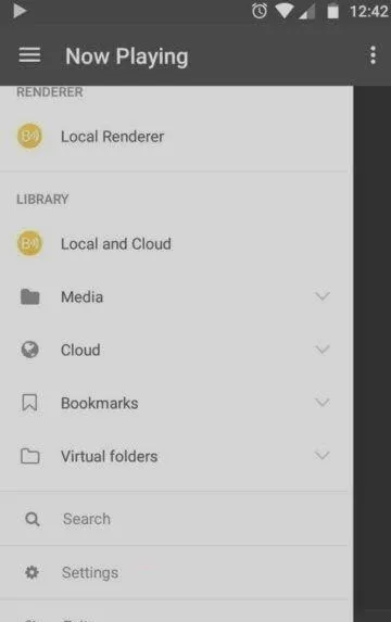 BubbleUPnP left-side menu showing the renderer and device selection