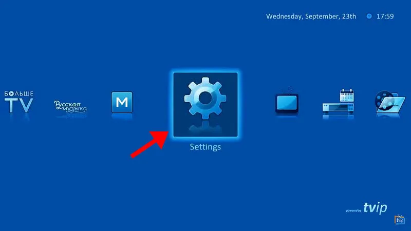TVIP S-Box main menu with the Settings gear icon highlighted