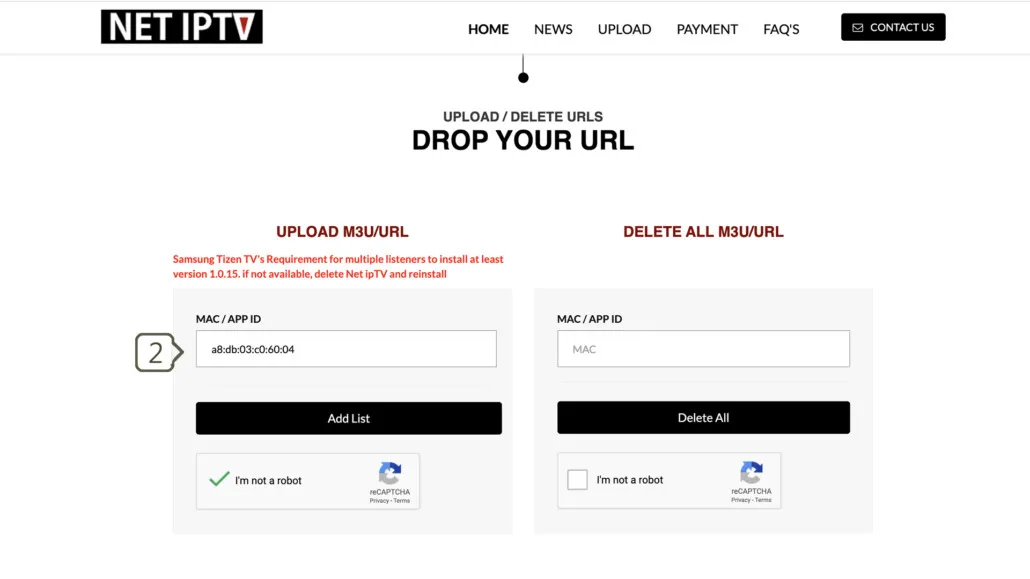 Net IPTV upload portal entering the MAC address in the MAC APP ID field