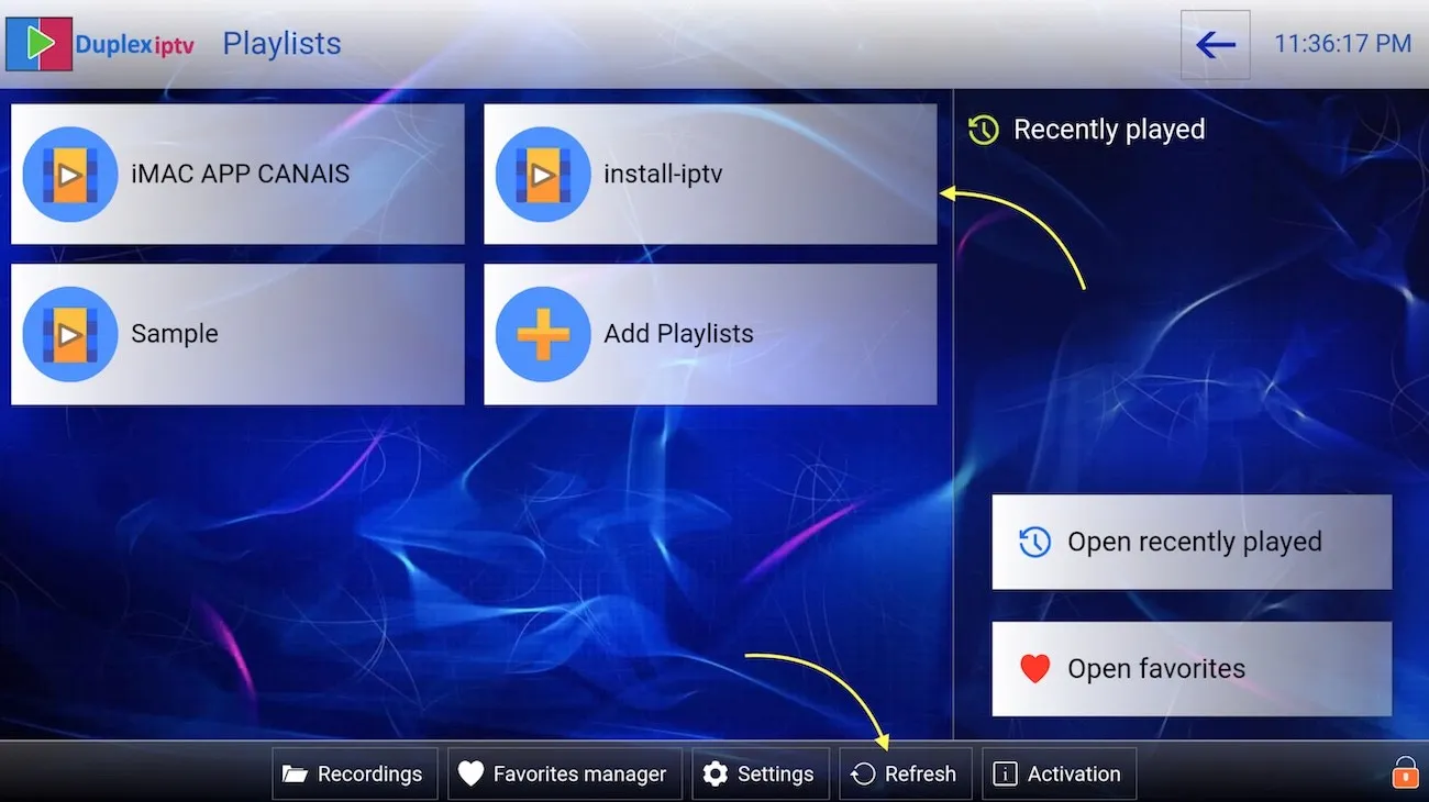 Duplex IPTV Playlists screen with the new playlist added and the Refresh button highlighted