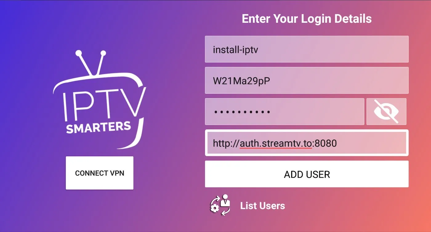 IPTV Smarters Pro Enter Your Login Details screen with playlist name, username, password, and server URL fields and the Add User button