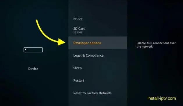 Fire TV My Fire TV menu with Developer options highlighted