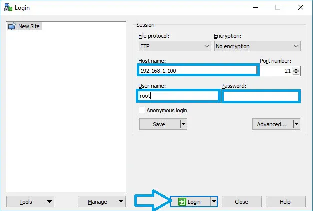WinSCP FTP login dialog with GigaBlue receiver IP and root user name