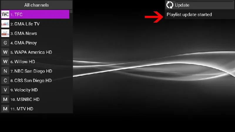 Perfect Player channel list with the Playlist update started notification