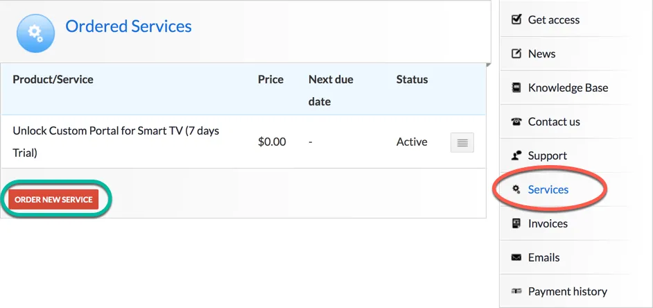 Smart STB billing client area showing the Ordered Services list and the Services menu with Order New Service