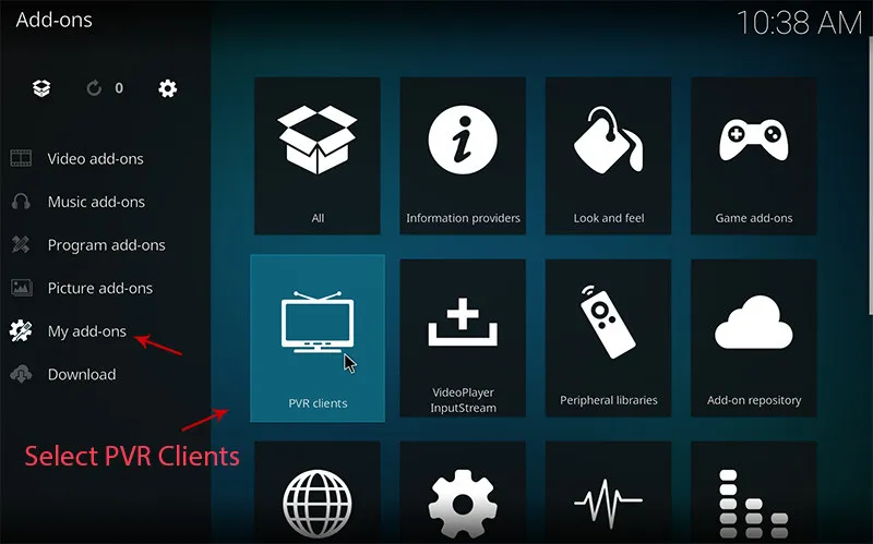 Kodi My add-ons screen selecting the PVR clients category