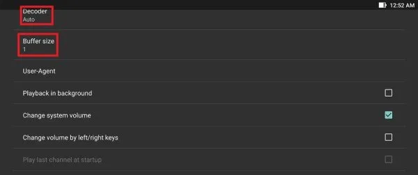 Perfect Player playback settings showing the Decoder and Buffer size options