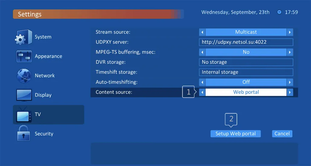 TVIP TV settings showing Content source set to Web portal and the Setup Web portal button