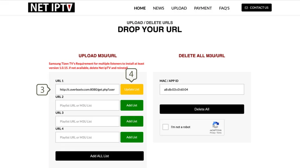Net IPTV upload portal pasting the M3U playlist URL and clicking Update List