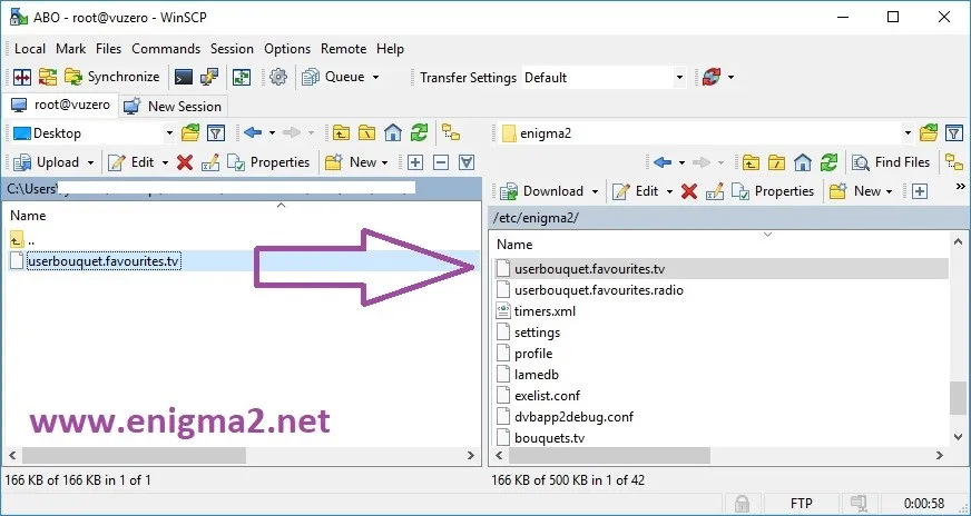 Uploading the userbouquet.favourites.tv channel file to the /etc/enigma2 folder in WinSCP