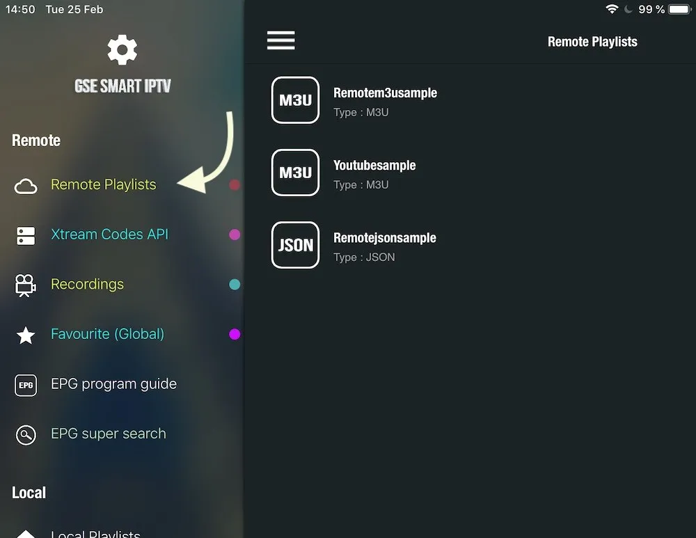 GSE Smart IPTV side menu with the Remote Playlists option highlighted
