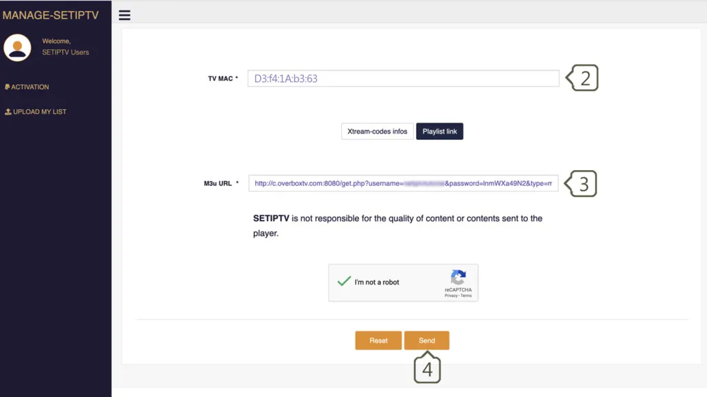 SET IPTV upload portal with the TV MAC field, M3U URL, reCAPTCHA and Send button