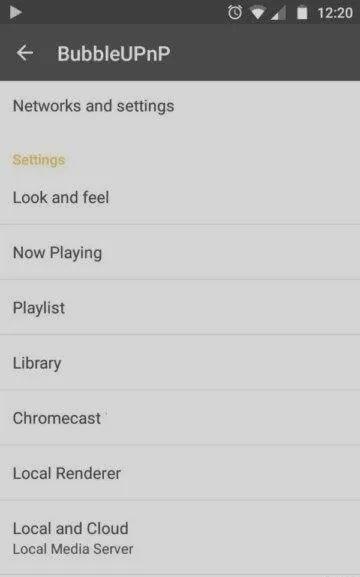 BubbleUPnP settings menu with the Chromecast section