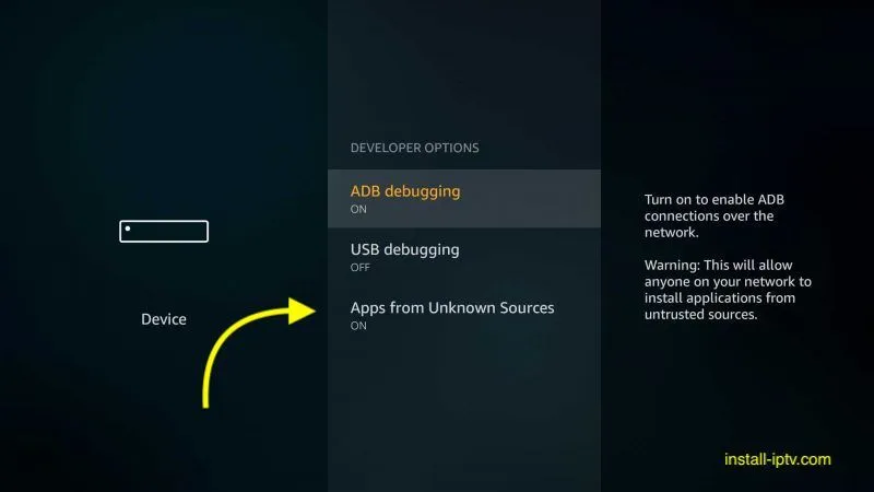 Developer options screen with Apps from Unknown Sources turned on