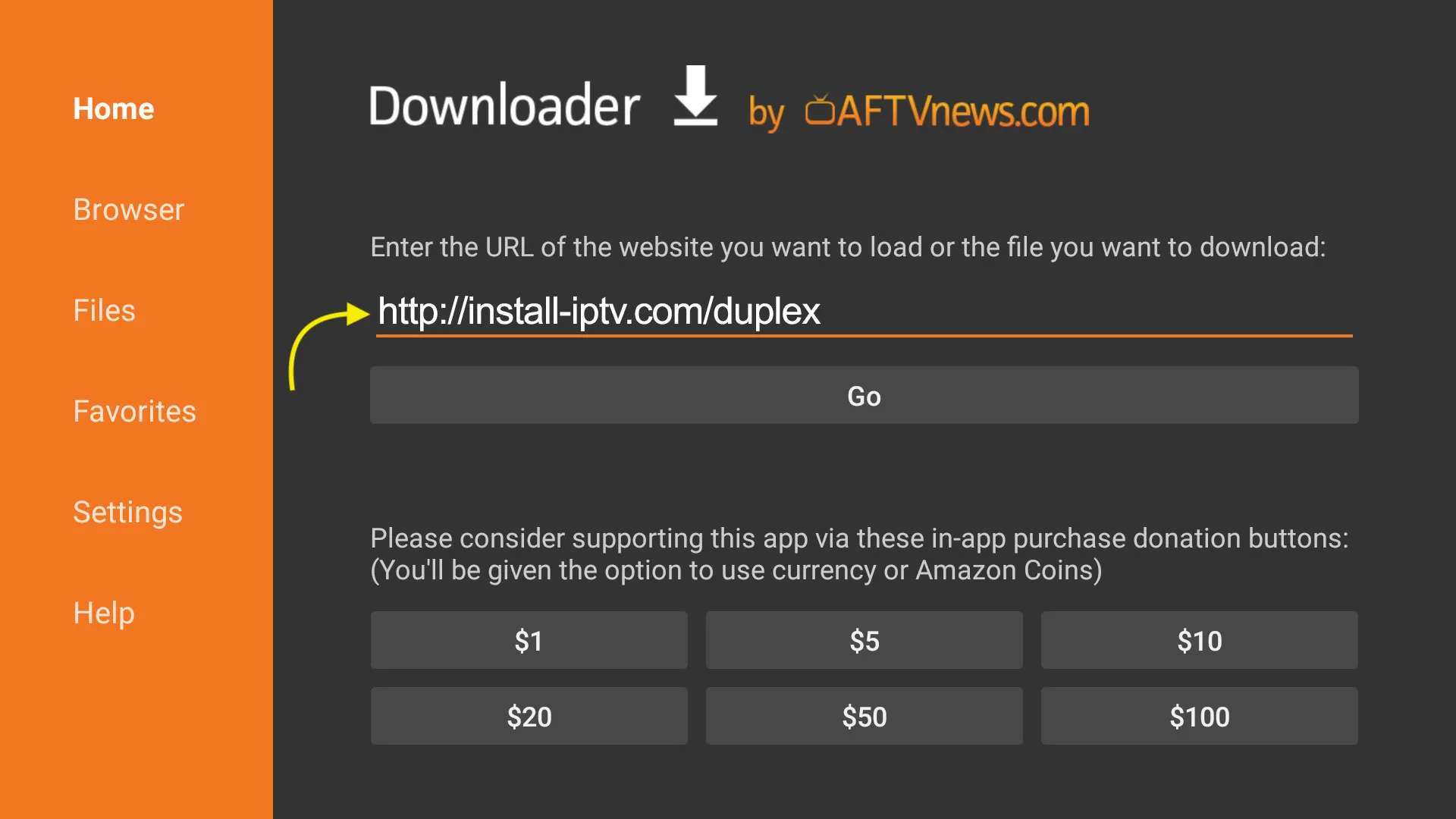 Downloader app on Fire TV with the install-iptv.com/duplex URL entered to sideload Duplex IPTV