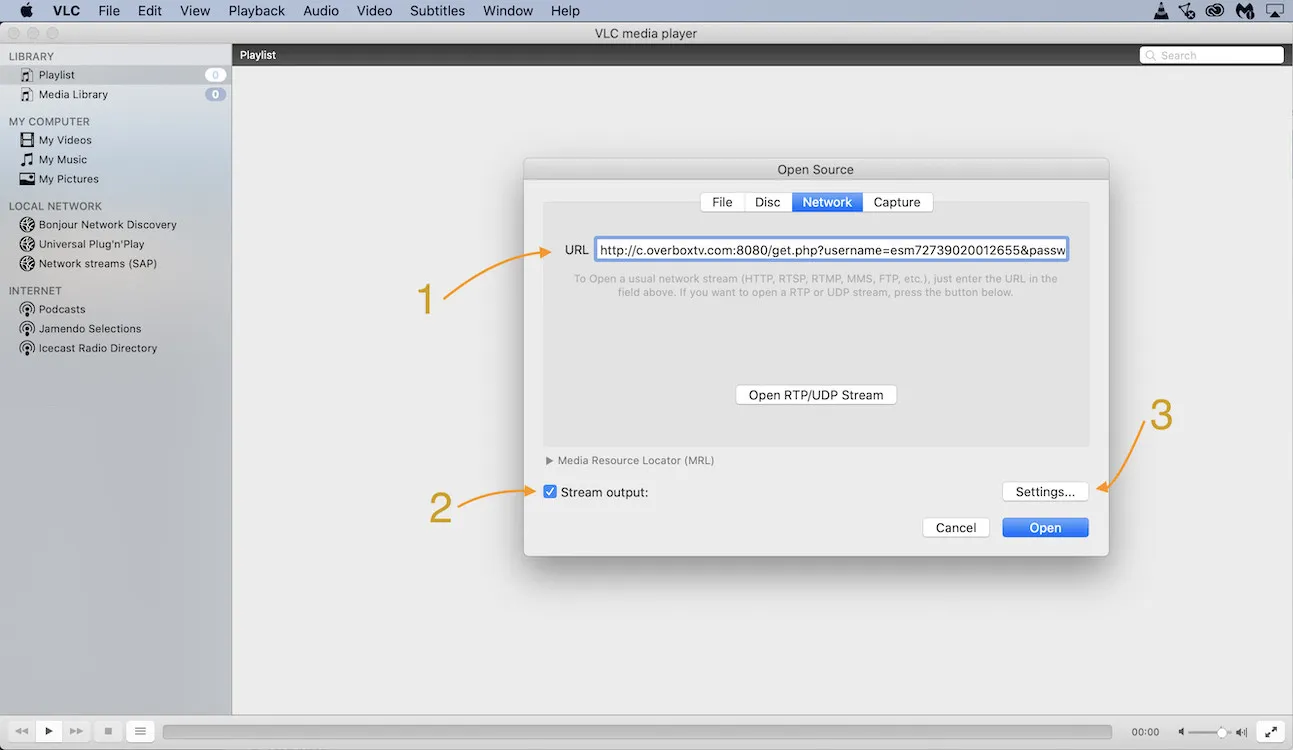 VLC Open Source dialog with the M3U URL entered, the Stream output checkbox enabled, and the Settings button