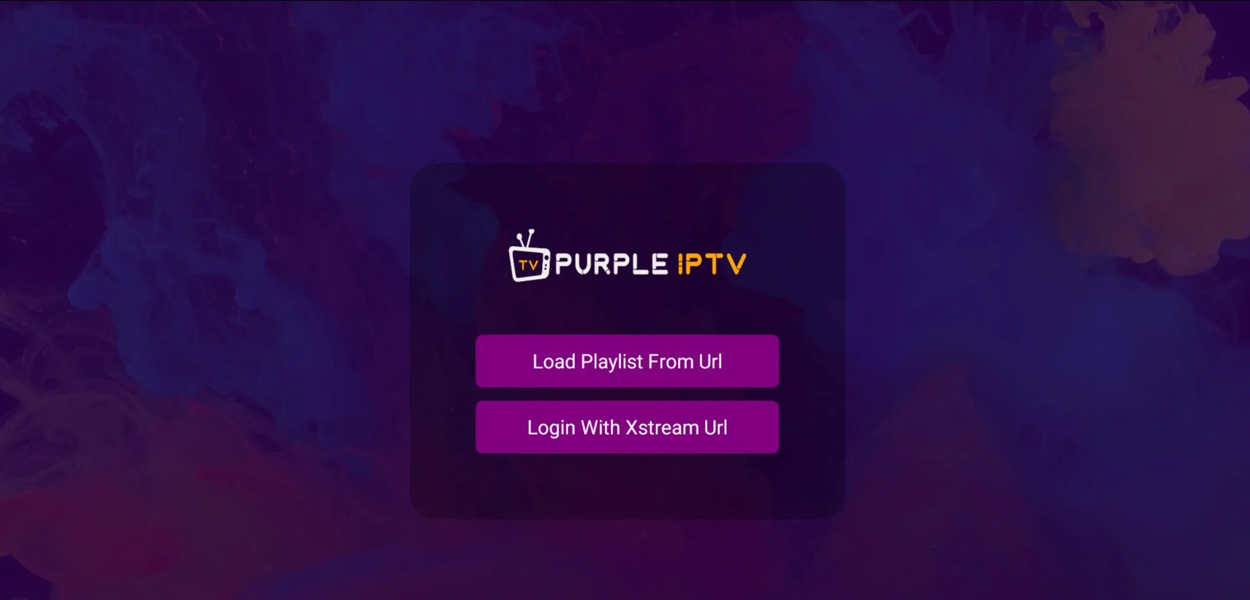 IPTV Smart Purple Player playlist method screen with Load Playlist From Url and Login With Xstream Url options