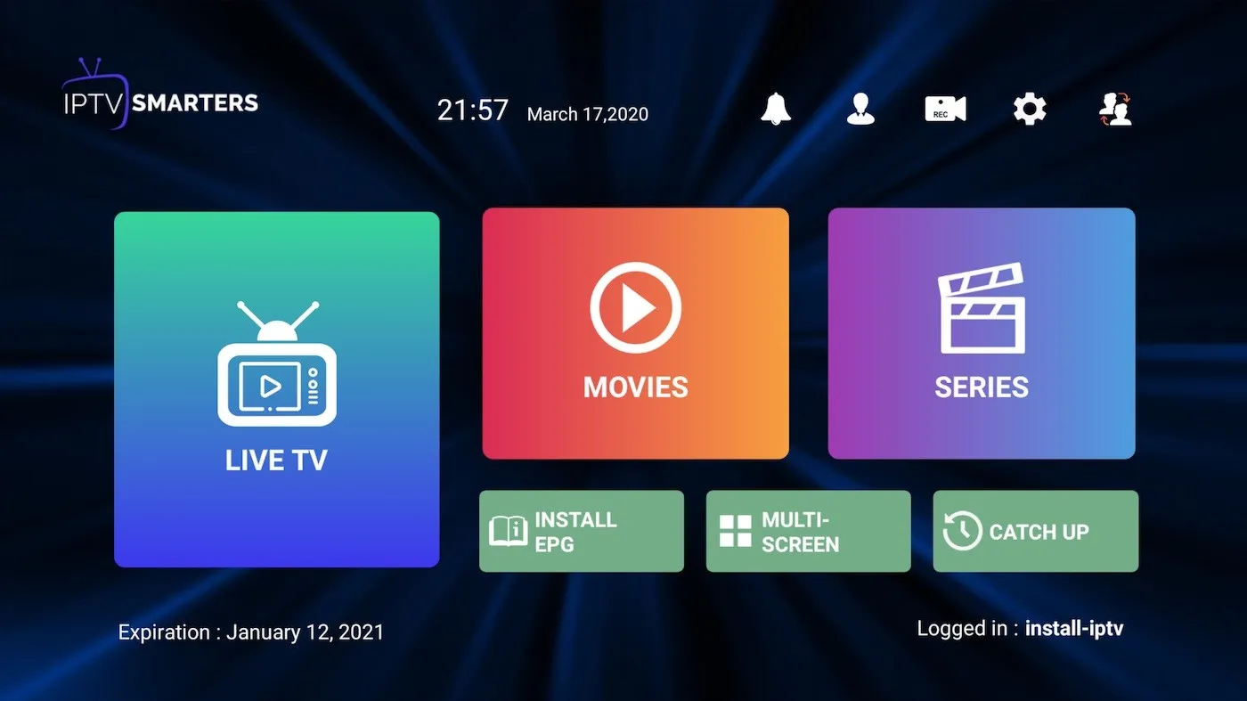 IPTV Smarters Pro home screen with Live TV, Movies, and Series tiles after a successful login