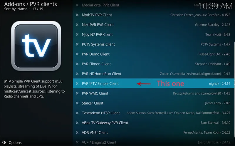 Kodi PVR clients list selecting PVR IPTV Simple Client